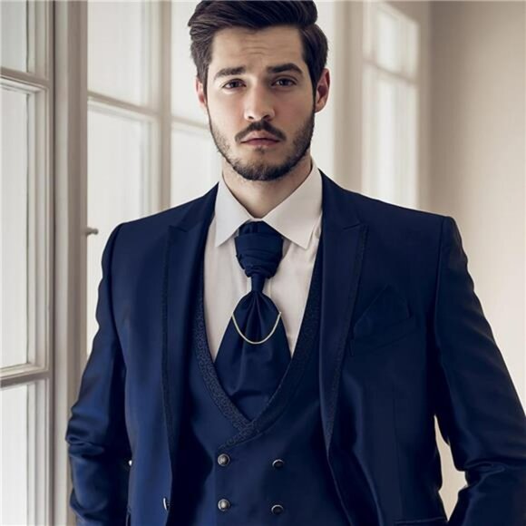 Men's Tie Clips Set with Chains Gold Silver Black Blue Formal Wedding Gift - Picture 5 of 7